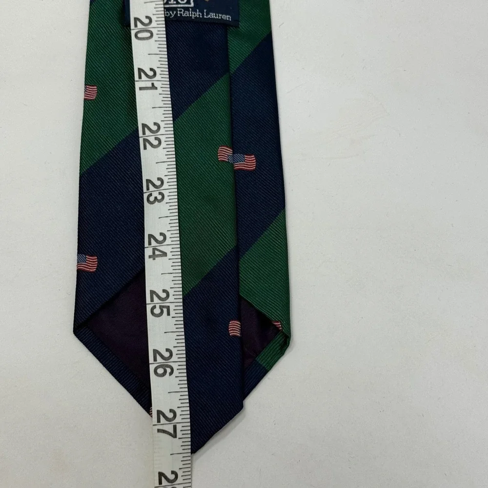 Polo Ralph Lauren Silk Tie Navy Green Stripe American Flag‎ Handmade Made in USA